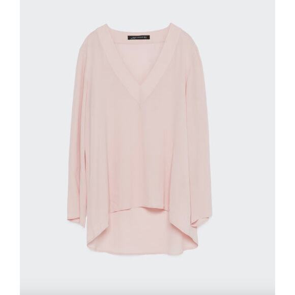 NWT ZARA Woman Hi Lo Blouse Top Pastel Pink V-Neck Long Sleeves Pullover Size M - Picture 10 of 10